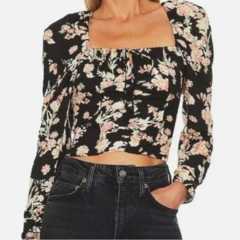 NEW Free People Black Combo Floral Hilary Top US L